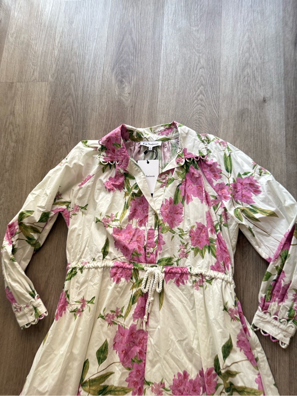 en saison esther pink & white floral long sleeve button front midi dress small - Picture 7 of 9